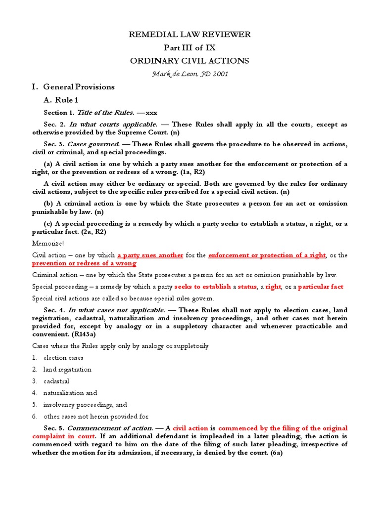 Remedial Law Part 03 Ordinary Civil Actions Reviewer Joinder Lawsuit
