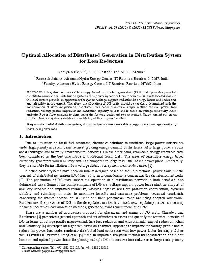 Optimal Allocation of Distributed Generation in Distribution System For ...