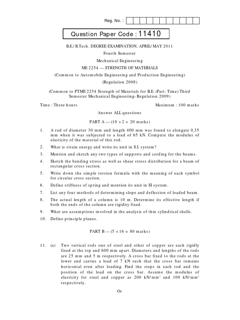 ME 2254 - STRENGTH OF MATERIALS April - May 2011.bak | PDF