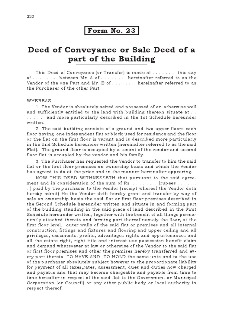 Deed of Conveyance or Sale Deed of A Part of The Building: Form No. 23 ...