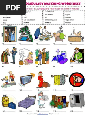 at a hotel vocabulary matching exercise worksheet pdf hygiene leisure activities