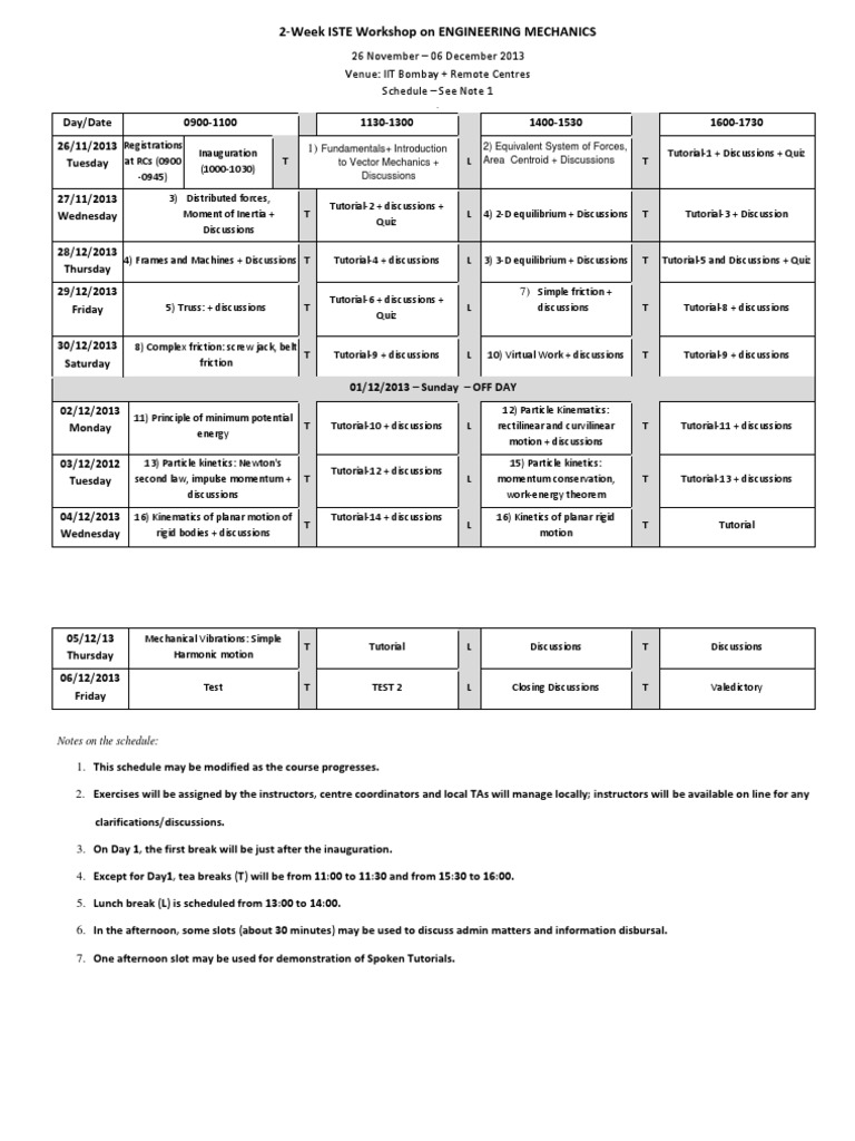 Engineering Mechanics Workshop Schedule | PDF | Motion (Physics) | Momentum