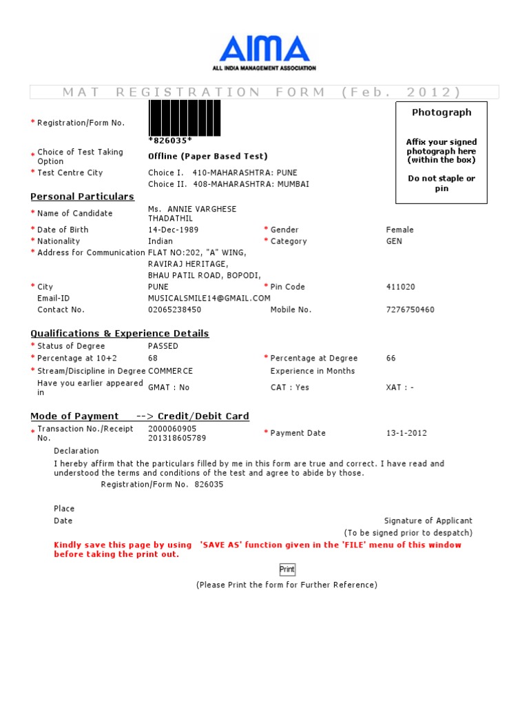 MAT Exam Registration Form - Feb 2012 | PDF