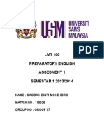 LMT 100 Preparatory English Assesment 1 SEMESTAR 1 2013/2014