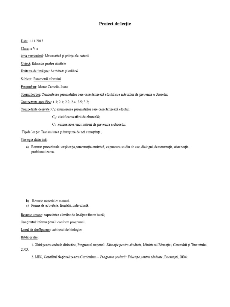 Plan De Lectie Parametrii Efortului