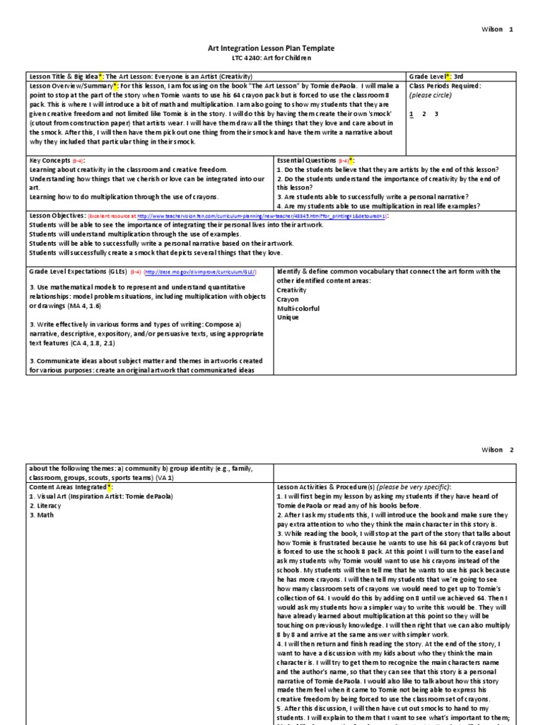 Art Lesson Plan Wilson | PDF | Psychological Concepts | Cognition