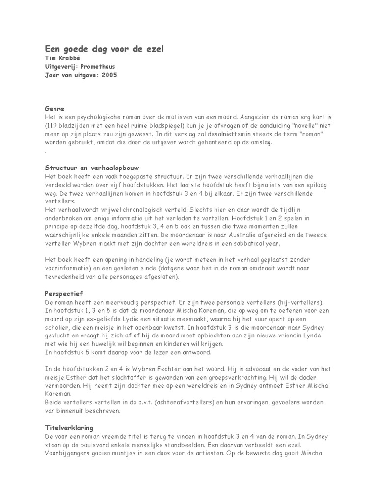 Een Goede Dag Voor de Ezel Boekverslag 2 VWO 4