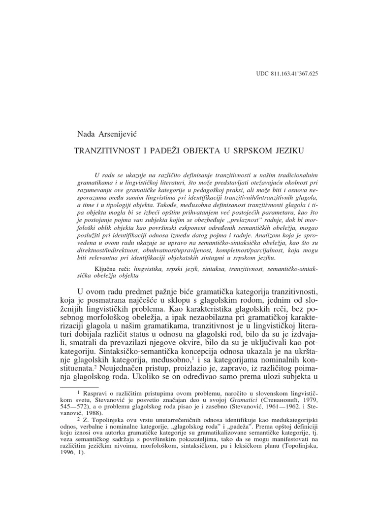 Nada Tranzitivnost I Padezi Objekta U Srpskom PDF