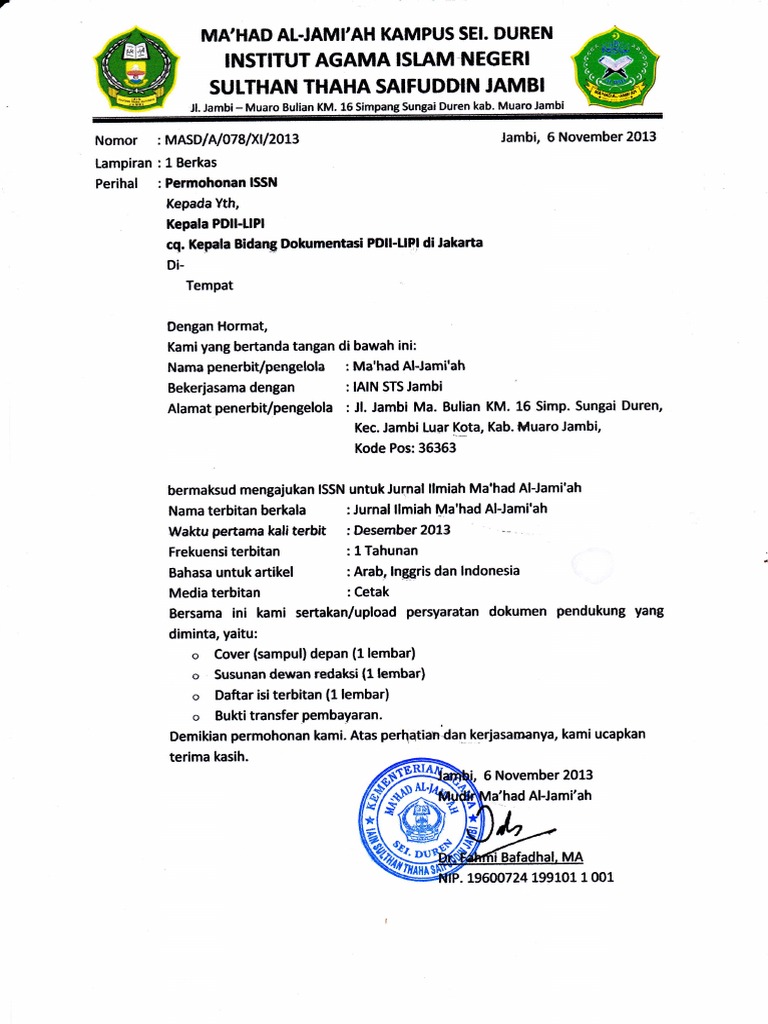 Surat Permohonan nomor ISSN