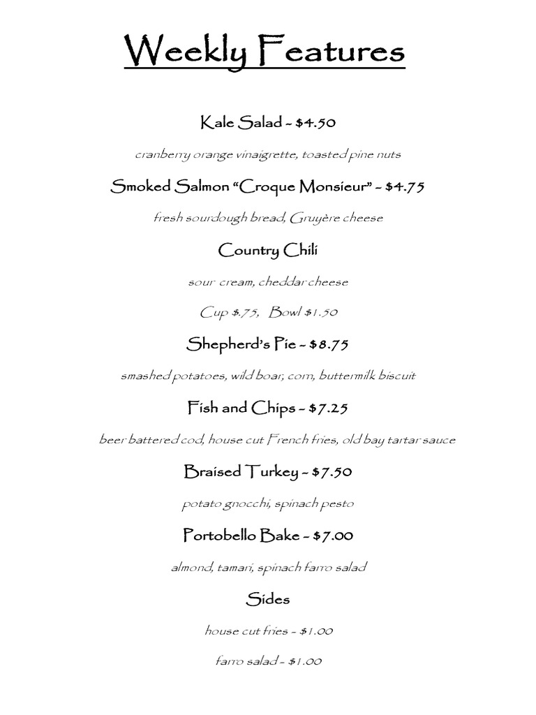 Weekly Menu Features and Prices | PDF