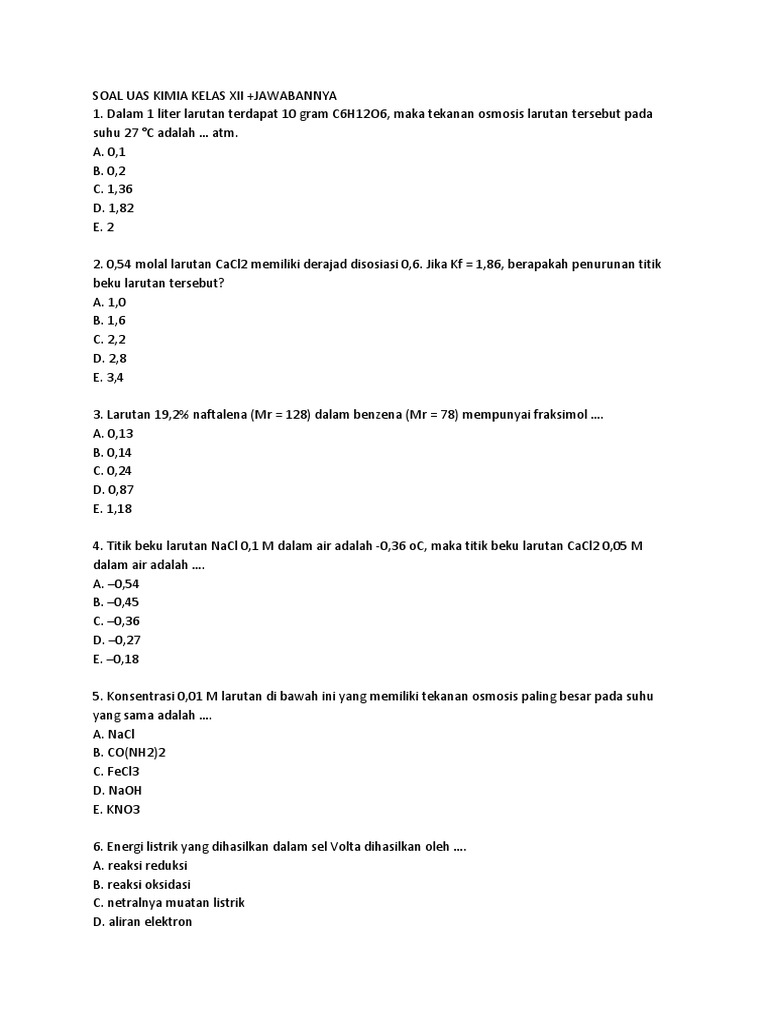 Soal Uas Kimia Kelas Xii