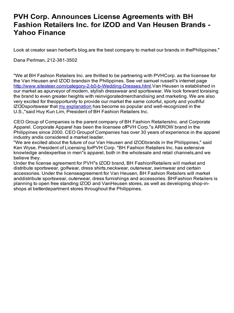 PVH Corp. Announces License Agreements With BH Fashion Retailers Inc