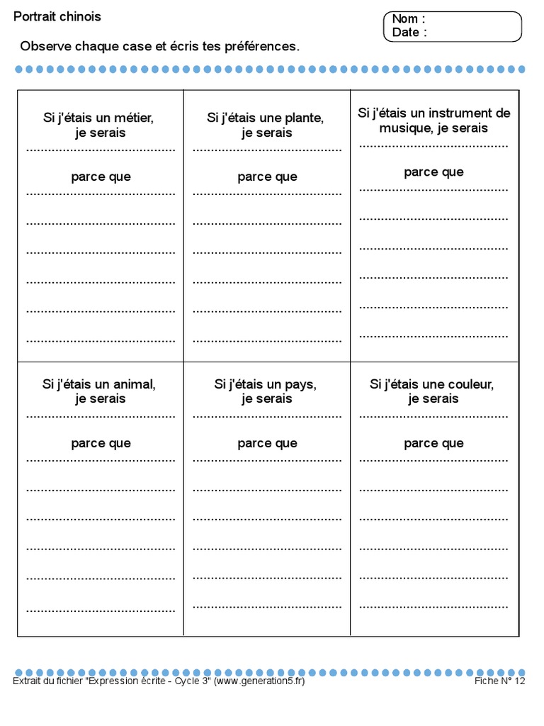 Portrait Chinois à Imprimer Adulte Portrait Chinois | PDF