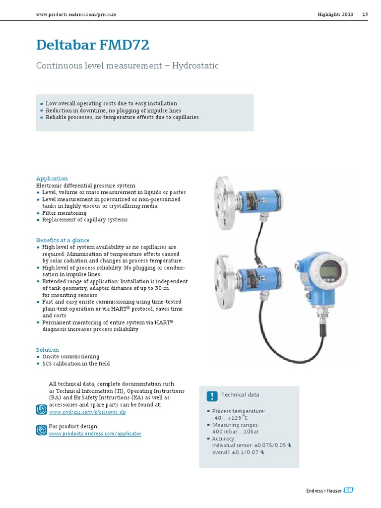 Deltabar FMD72: Continuous Level Measurement - Hydrostatic | PDF
