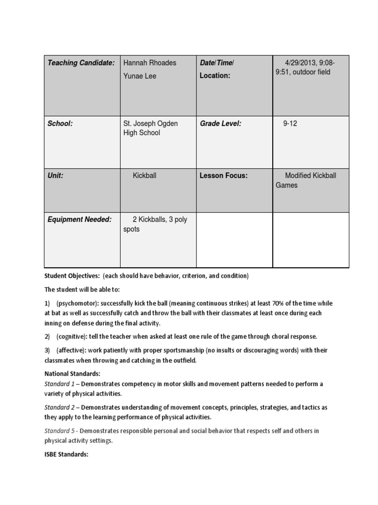 Kickball Lesson PDF Pitcher Learning