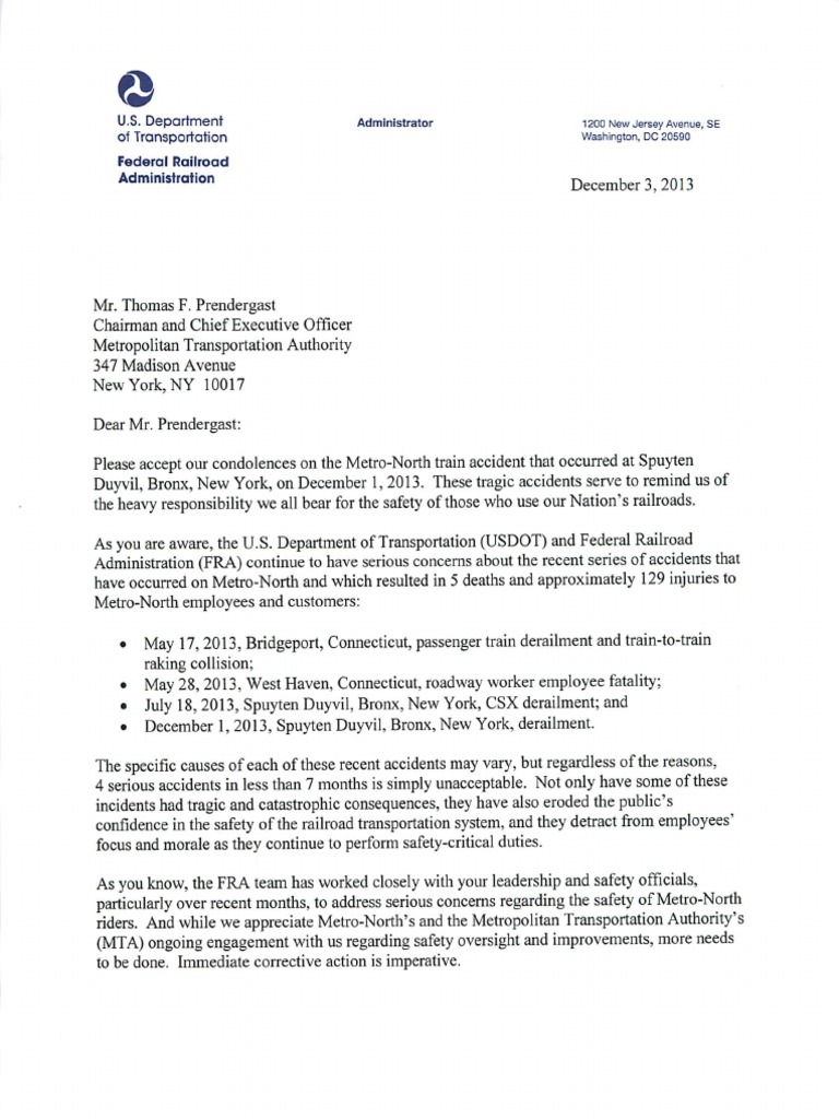 Letter from US Dept of Transportation to MTA