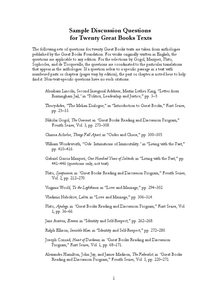 Discussion Questions for Great Books | PDF | Symposium (Plato) | Martin ...