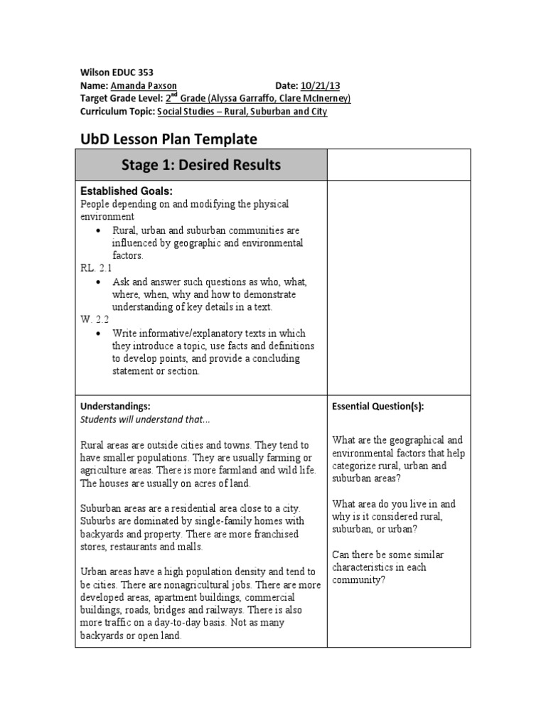 Social Studies Lesson Plan PDF Suburb Learning