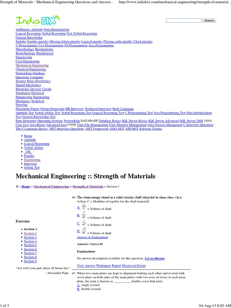Strength of Materials Mechanical Engineering Questions and Answers