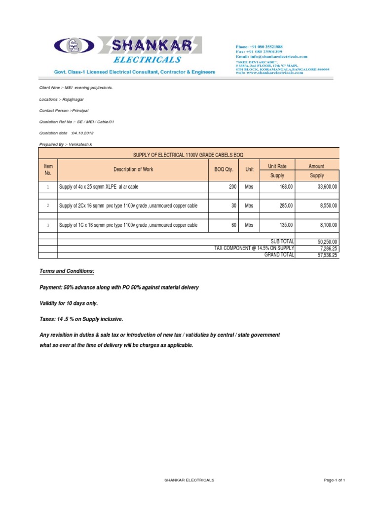 Electrical Cables Quotation | PDF