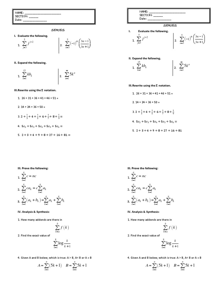 Series Series: I. Evaluate The Following I. Evaluate The Following | PDF