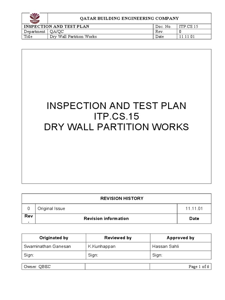 Dry Wall Partition Inspection Plan | PDF