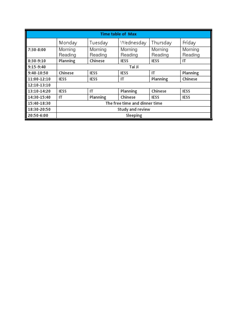 Max's Weekly Study Schedule | PDF | Language Arts & Discipline