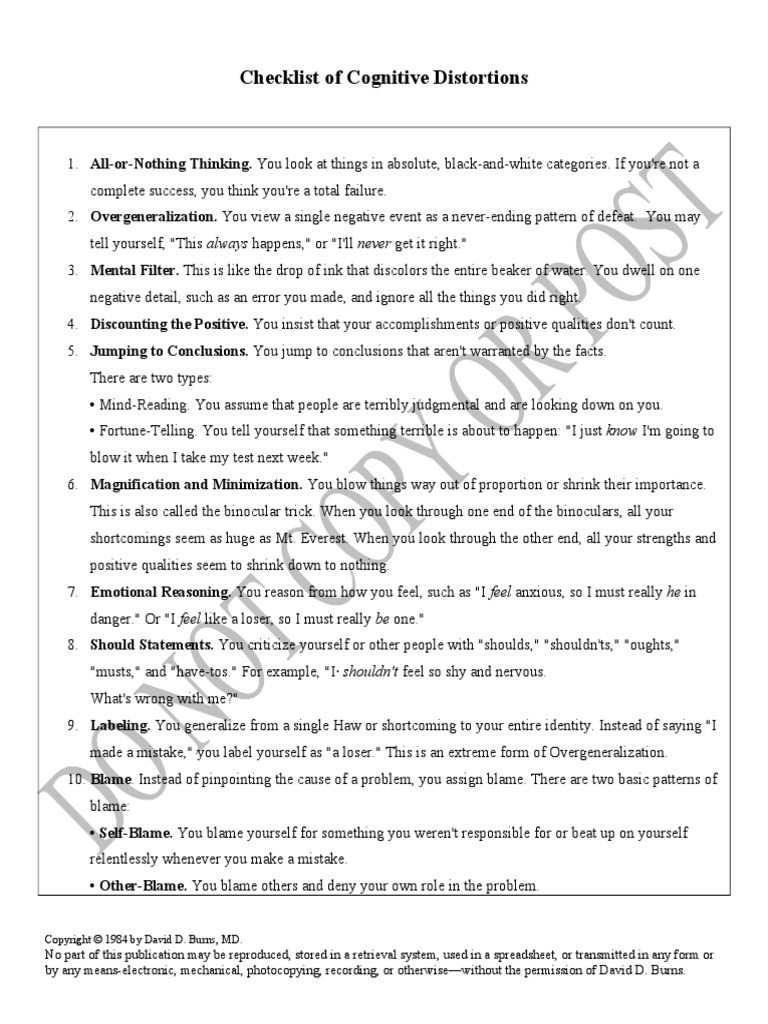 Checklist of Cognitive Distortions | Psychology & Cognitive Science ...