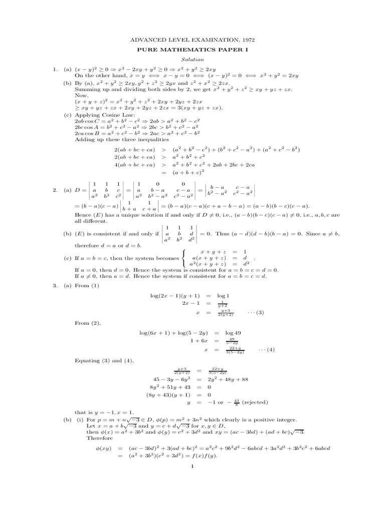 AL Pure Mathematics 1972 Paper 1+2 Suggested Solutions | PDF | Teaching ...