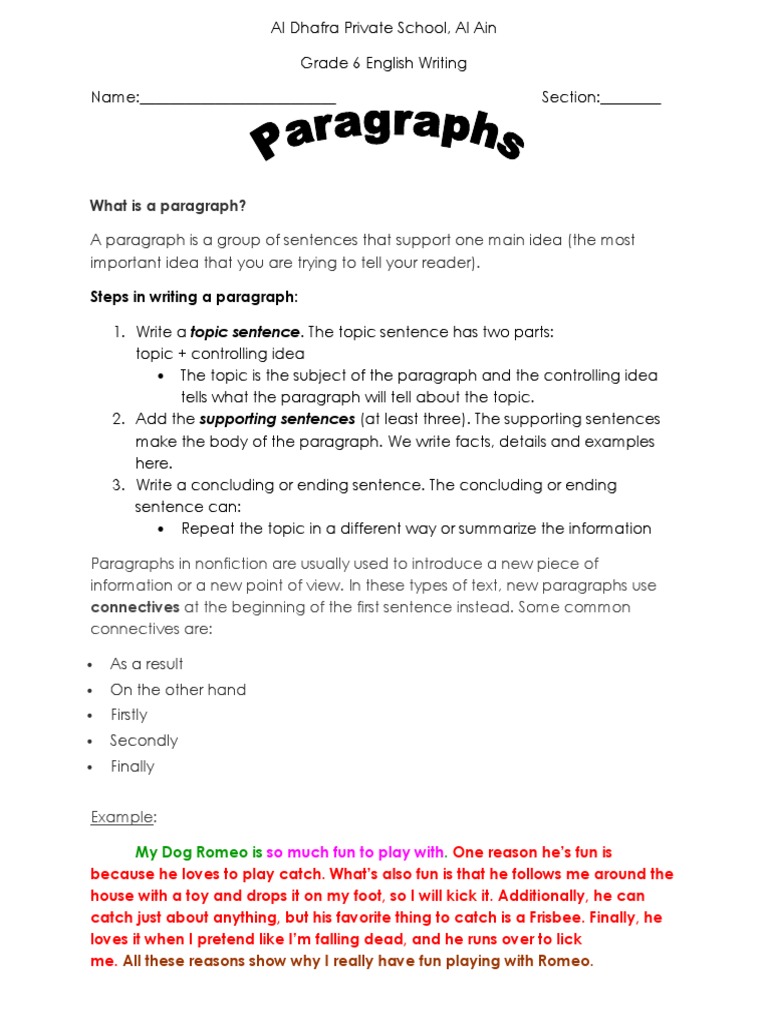 Safia Grade 6 Student Handout Paragraph | PDF