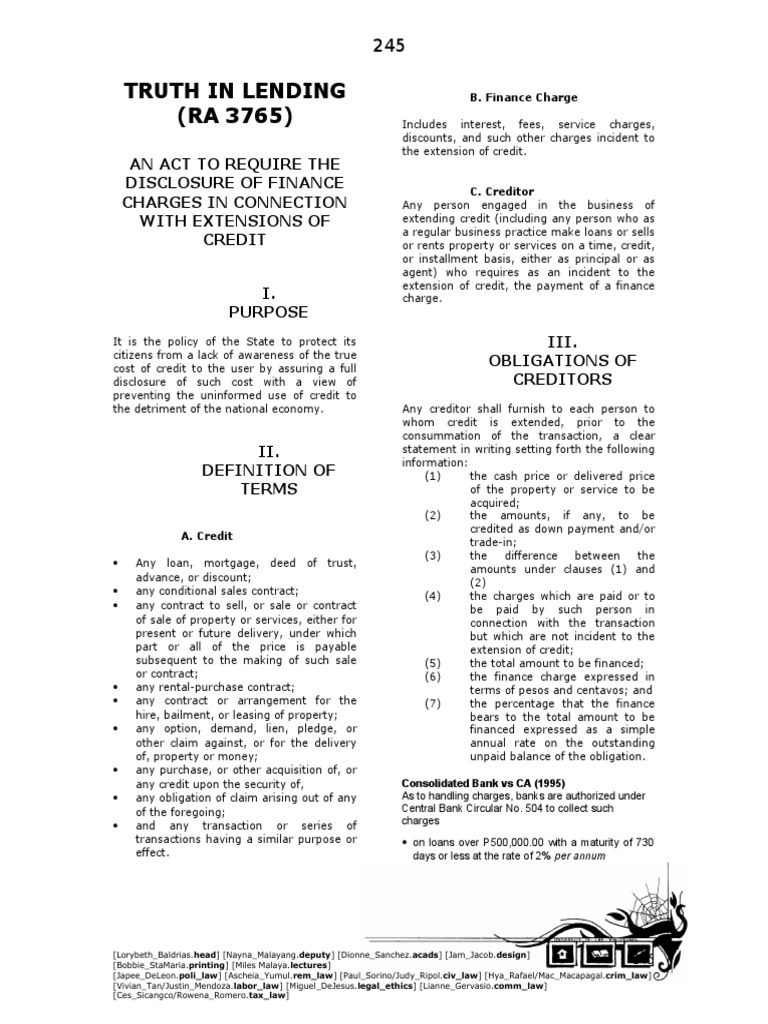 Truth in Lending (RA 3765) | PDF | Credit (Finance) | Financial Transaction