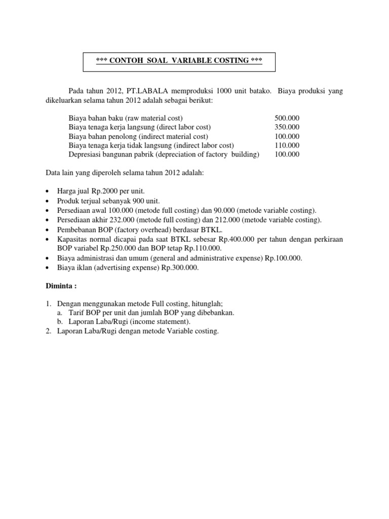 Soal Variabel Costing