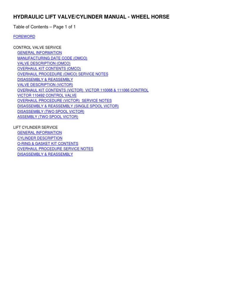 Wheel Horse Hydraulic Lift Valve & Cylinder Repair Manual PDF Valve