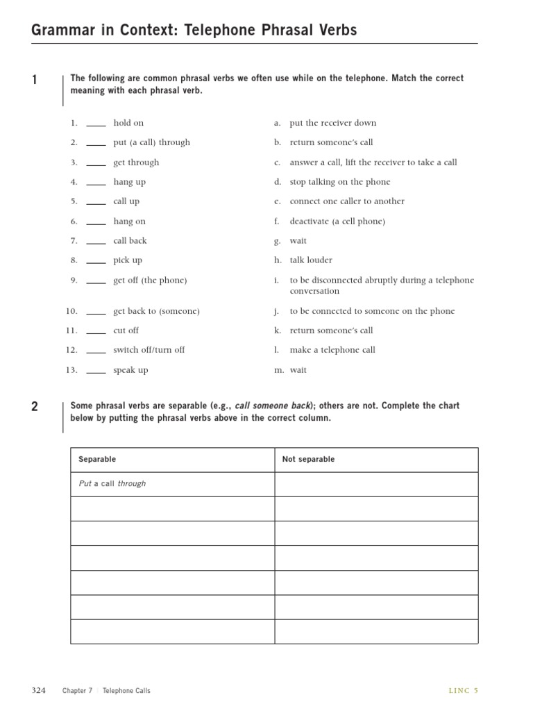 esl telephone phrasal verb worksheet pdf