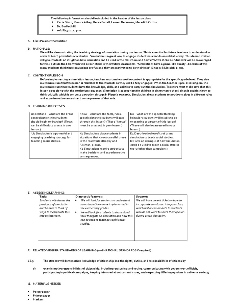 Class President Simulation Lesson Plan | PDF | Simulation | Lesson Plan