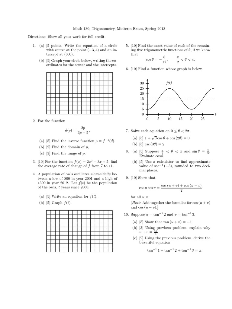 Trigonometry Midterm Exam Spring 2013 | PDF | Science & Mathematics
