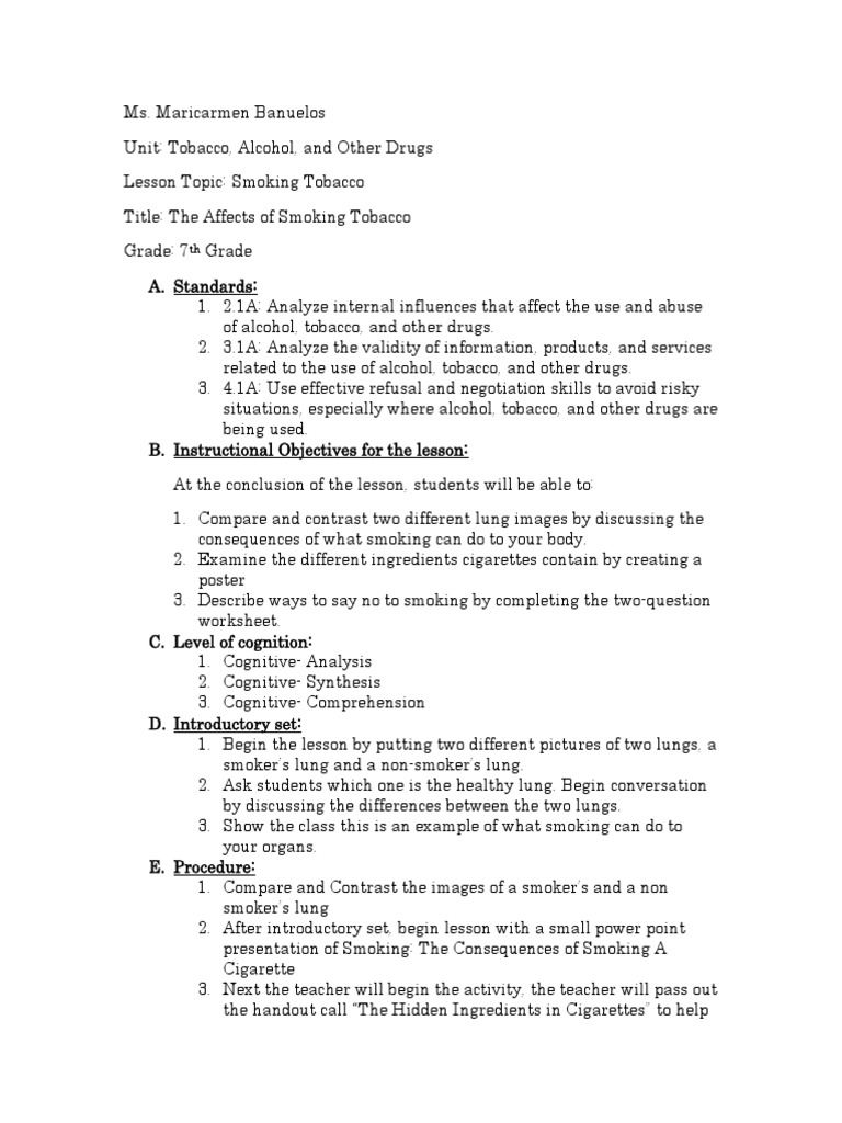 tobacco lesson plans elementary Smoking Tobacco Lesson Plan | PDF | Tobacco Smoking