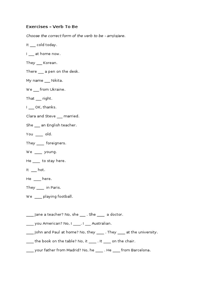 Exercises - Verb To Be: Choose The Correct Form of The Verb To Be - Am ...