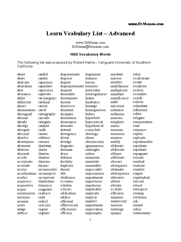 Learn Vocabulary List Advanced
