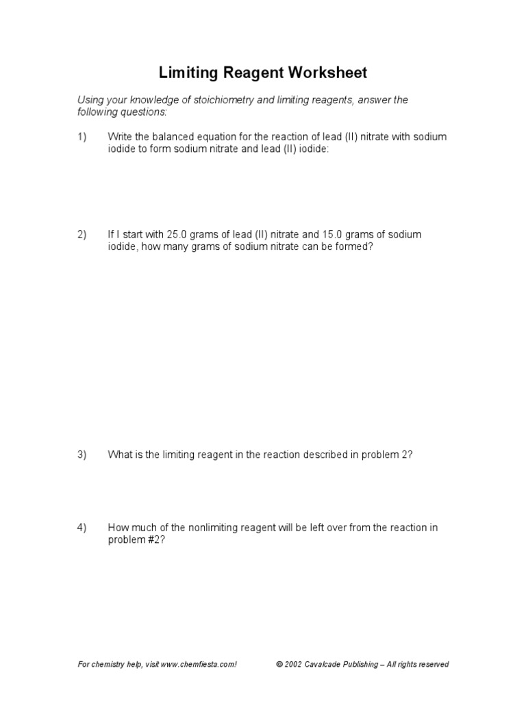 Limiting Reagent Worksheet: Using Your Knowledge of Stoichiometry and