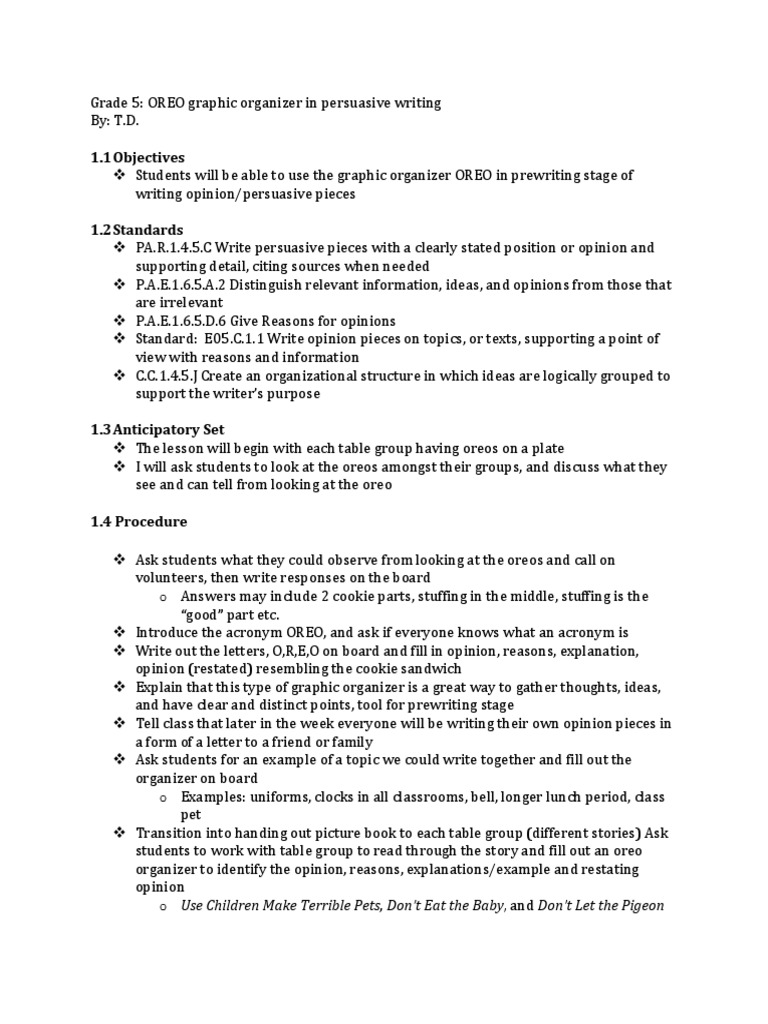 Eng Oreo Lesson Plan Cognition Psychology Cognitive Science
