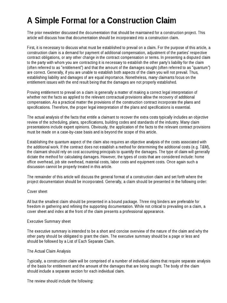 A Simple Format for a Construction Claim Damages Private Law