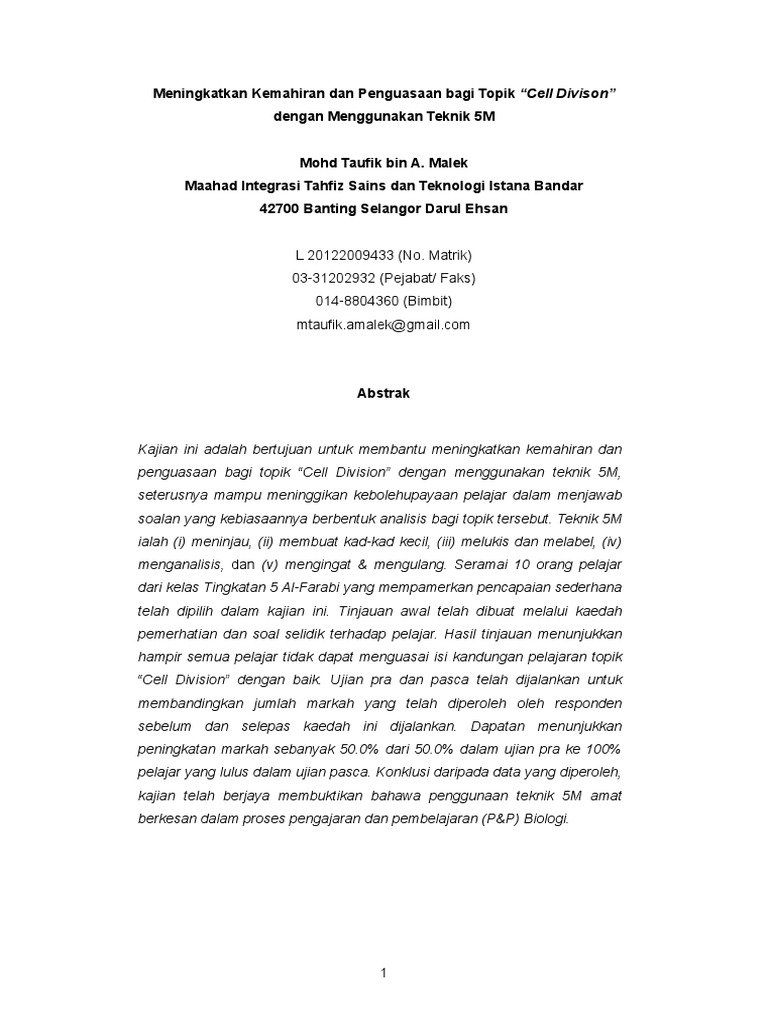 Kajian Tindakan Biologi: Teknik 5M untuk Topik Cell 