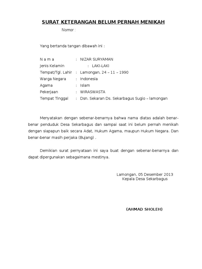 Surat Keterangan Belum Menikah