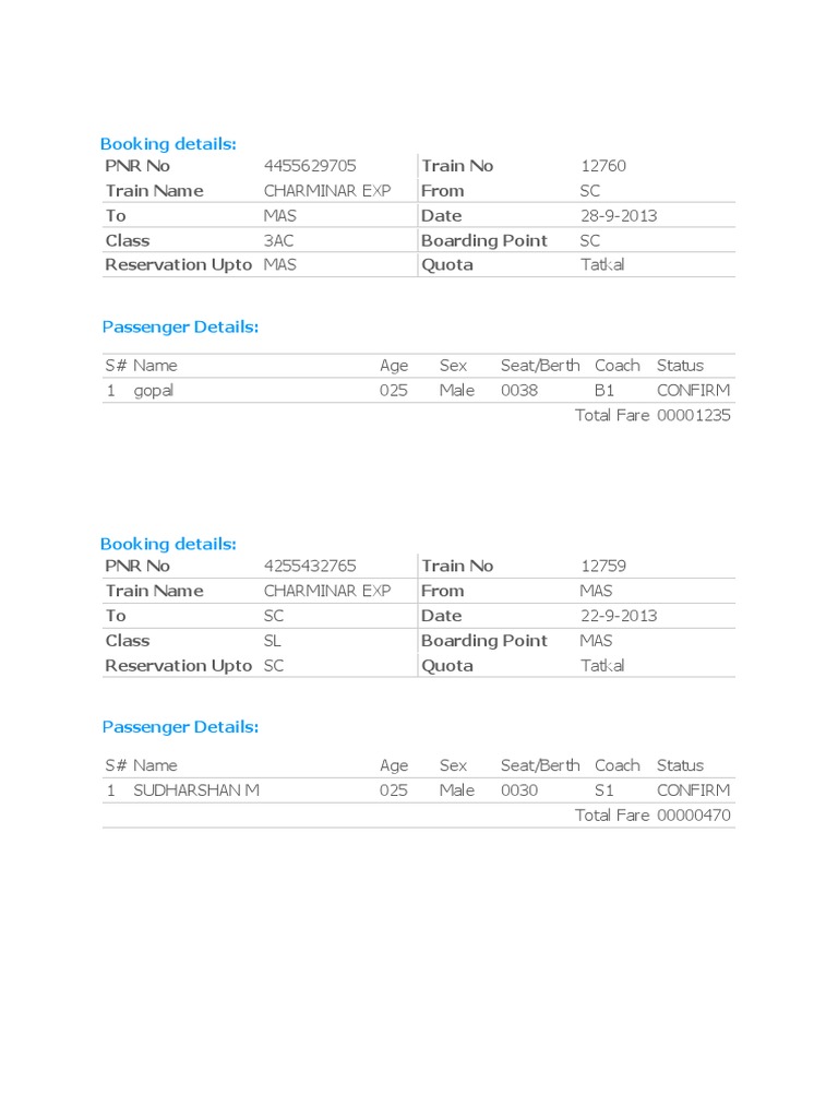 Train Ticket Booking Summary | PDF