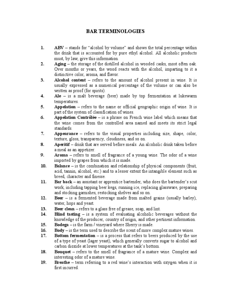 Bar Terminologies Drink Wine