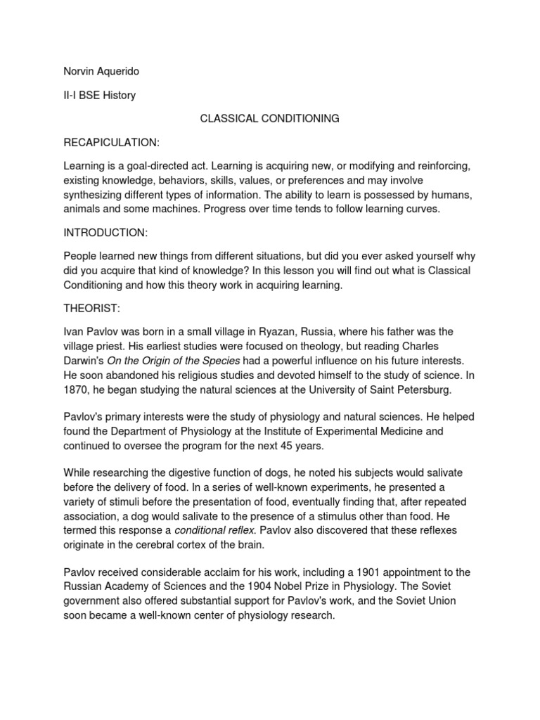 Classical Conditioning An Analysis Of Ivan Pavlov S Influential Theory