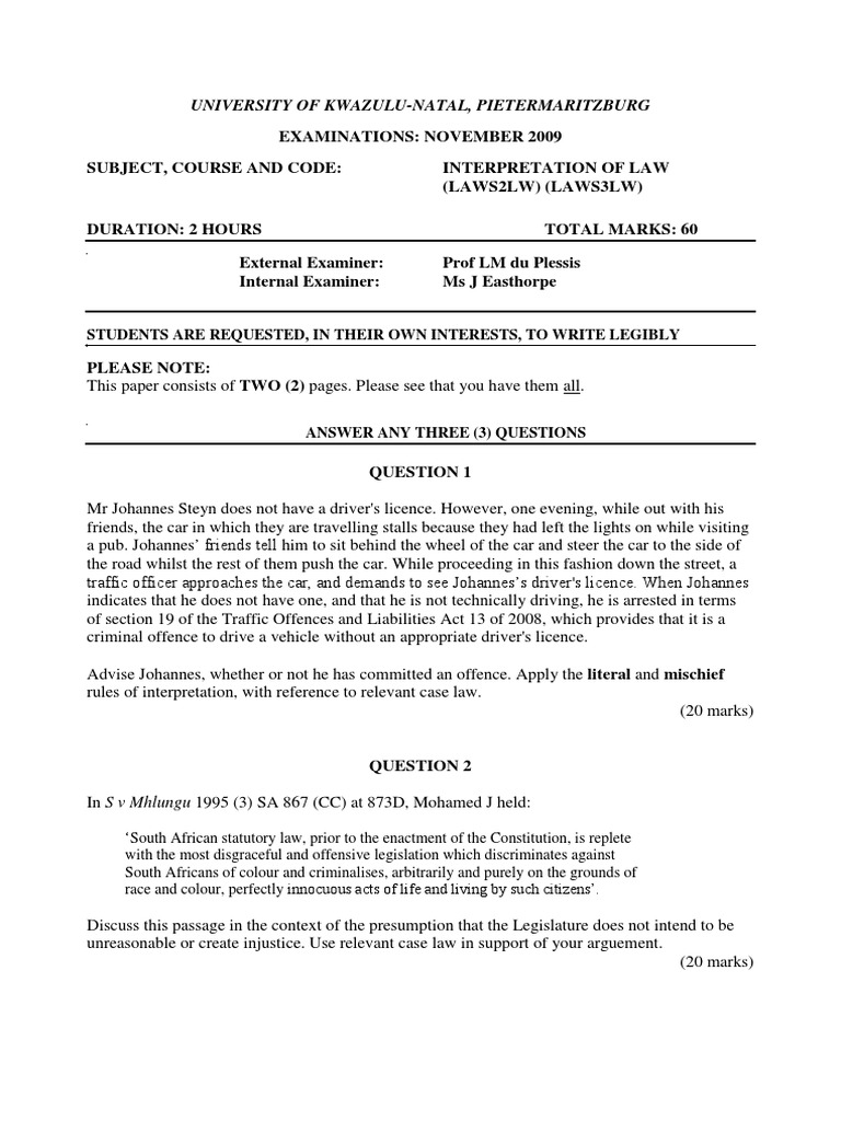 Interpretation of Law Exam Paper 2009 | PDF | Statutory Interpretation ...