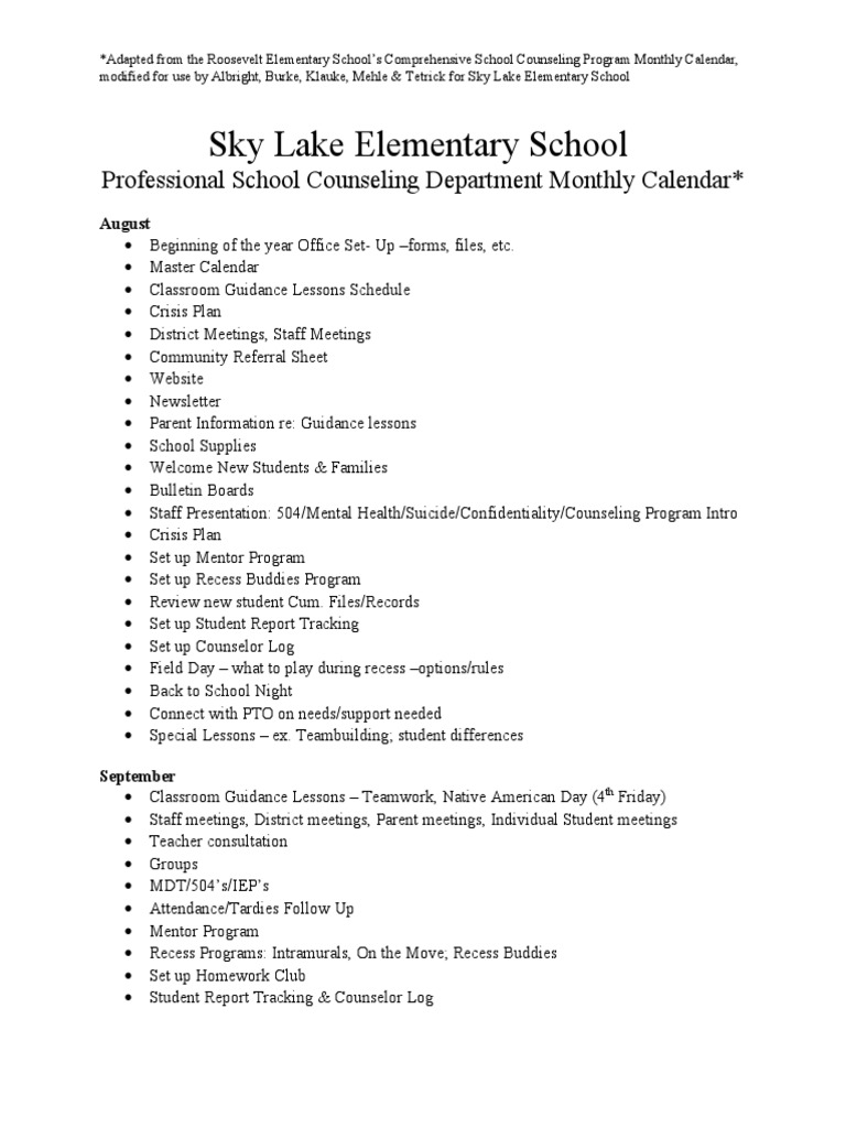 Skylake Elementary Yearly Calendar | PDF | Counseling | School Counselor