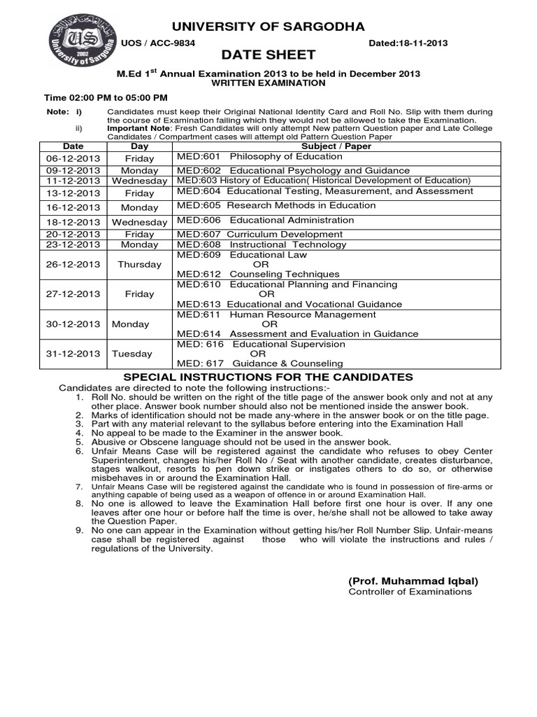 Date Sheet University of Sargodha PDF Test (Assessment) Behavior